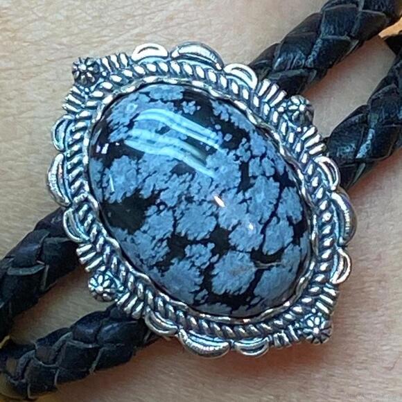 Carolyn Pollack Sterling Snowflake Obsidian Braided Leather Bracelet For Women - Picture 4 of 10